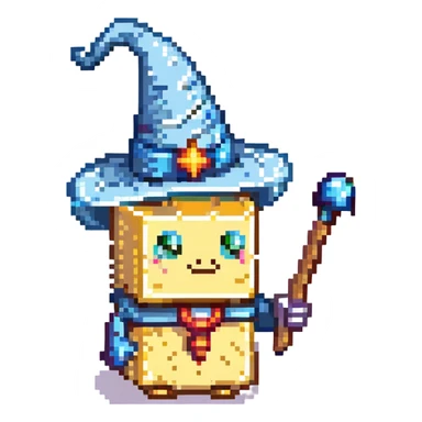 slice of butter dressed as a wizard with a pointed hat and a magic wand sticker