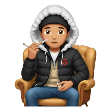 A man sitting on a chair, wearing a black puffed coat with hood, hands in his pocket, smoking a cigaret, he is on a chair i sticker