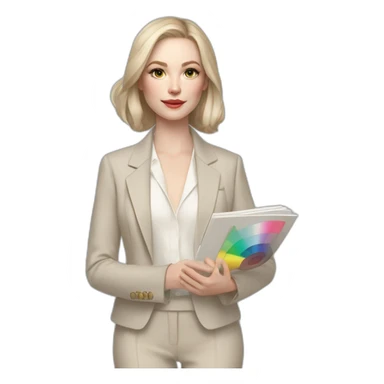 pale skin woman with ash blonde Straightened bob Hair, White Spacious classical jacket, beige palazzo Arrow pants and gray blouse holding a color palette in the hands sticker