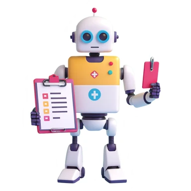 digital robot with a clipboard and a plus sign, Slack color palette, modern easy to recognize profile icon, representing onboarding new company to B2B SaaS LLM evaluation workspace sticker