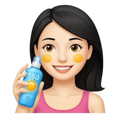 female character with black hair holding sunscreen bottle labeled SPF 50, applying sunscreen to cheek sticker