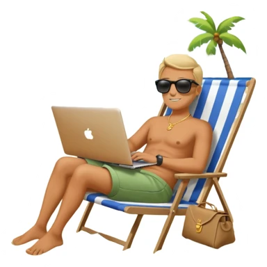 Emoji-style person relaxing on beach chair with laptop and money bag, “$20K” written in sand, sky gradient background, calm and successful tone sticker