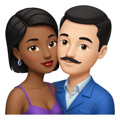 white man, black hair, slicked back, mustache kissing black woman with short black hair emoji sticker