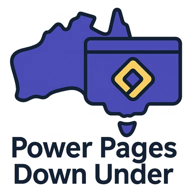 Make the icon more colorful by using #403DAD, a vibrant purple, and #fff7ad as accent colors. Keep the map of Australia with the official Microsoft Power Pages icon overlay and the text 'Power Pages Down Under' in a clean, modern font. No digital web overlay sticker