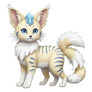 Albino-white, blue-eyed soft natural realistic romantic vintage antique divine beautiful elegant pretty precious cute young youthful  Fakémon-Pokémon-feline-Zeraora-Jolteon-serval-caracal-chinchilla-Minccino-Cinccino-Meowstic-rodent-hybrid-creature with a big fluffy bushy tail (full body) sticker