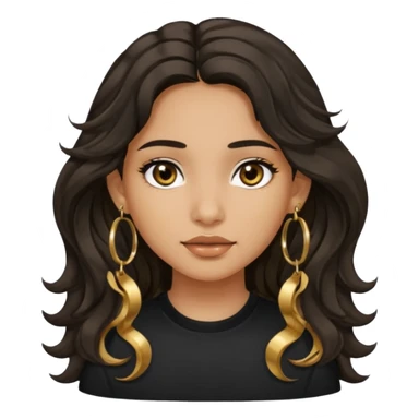 Girl with olive skin, very dark brown eyes and dark wavy long hair. wearing black shirt and gold hoop earrings sticker