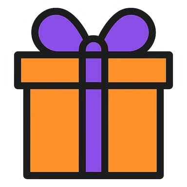 A vibrant orange gift box with a purple ribbon sticker