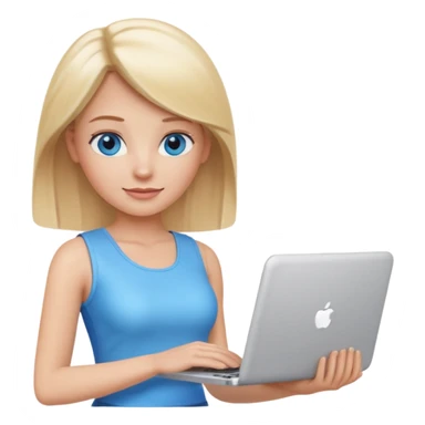 3D Apple-style emoji of a blonde woman with bright blue eyes,
wearing a white sleeveless top,
holding a silver laptop,
clean white background, smooth rounded design
 sticker