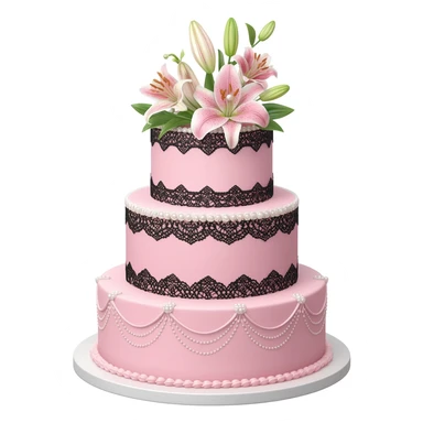 Pastel pink wedding cake with and with black and white lace, pearls and lilies on top sticker
