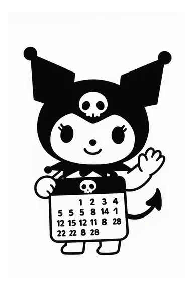 Kuromi holding a calendar emoji, black and white sticker
