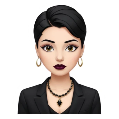 “Emoji girl, sculpted contour, bold dark lipstick, defined brows, sharp eyeliner, sleek black hair updo, statement necklace, black blazer.” sticker