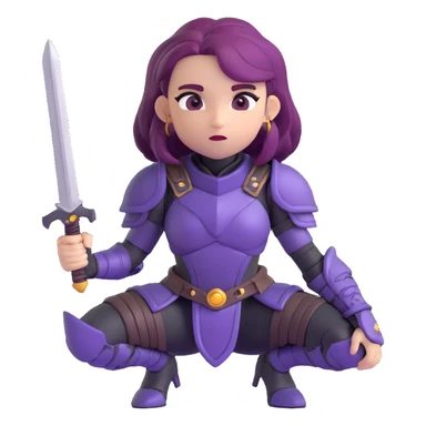 mysterious warrior girl with flowing purple hair, dressed in black armor, crouched and ready to spring into action, emoji style sticker
