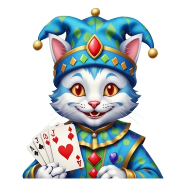 crazy colorful cute little cat jolly joker from poker, medieval, vintage, court jester, mac os icon, blue color, holds a single poker card on the right paw sticker