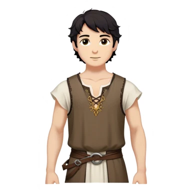 medieval summer outfit worn by a DnD themed fantasy male character. thin, sleeveless cotton tunic with a deep neckline and reinforced stitching around the shoulders. clothes only above the waist. The clothes full waist. The character's haven't arms. character is white-skinned, black hair, brown eyes, short wavy hair. sticker