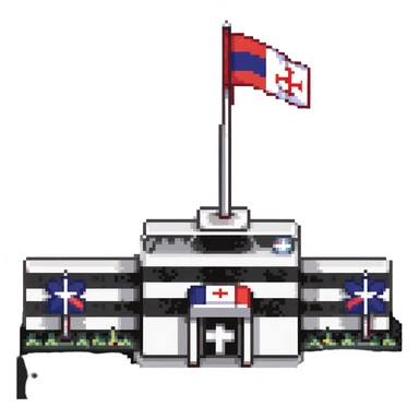 Hospital building with Thai flag on flagpole, medical cross symbol, red white blue striped flag of Thailand sticker
