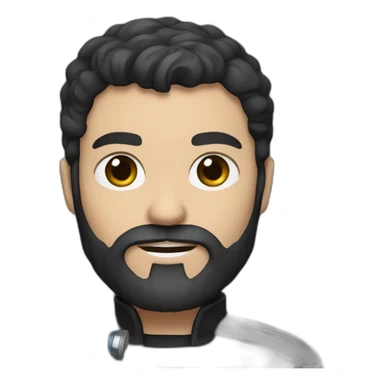 A white Portuguese with black and medium-length hair and a beard that holds a blue lightsaber moto sticker