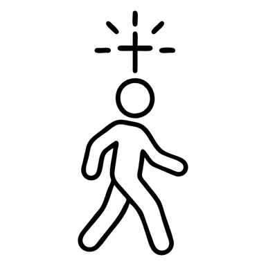 simple icon of person walking forward with radiant cross above, representing Active Faith, modern icon style sticker