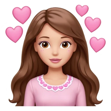 Barbie girl brown long straight wavy hair and brown eyes is In pale pink clothes There are pink hearts all around sticker