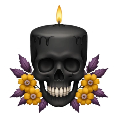 Large black candle on a skull covered in dried flowers sticker