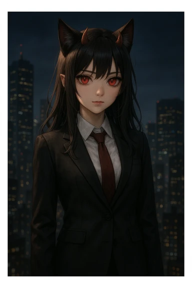 realistic anime catgirl devil in a business suit, subtle horns, red eyes, city skyline at night sticker
