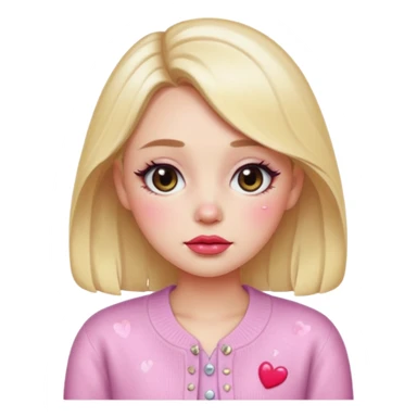 “Emoji girl, dewy skin, heavy blush across cheeks and nose bridge, glossy cherry lips, soft puppy eyeliner, teary sparkling eyes, pastel cardigan.” sticker