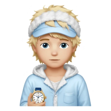 Create a look for a blond boy with long, tousled hair, light eyes, a white sweater, a wealthy appearance, blue eyes, and accessories like a Rolex or Cartier watch, and a cute face with messy hair down. blue eyes + + pajama white fluffy + cap fluffy + blush sticker