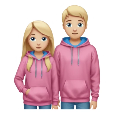 full-length happy couple, girl with long blonde hair and blue eyes in pink hoodie, boy with brown hair in gray hoodie sticker