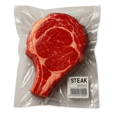 juicy steak, shiny and inflated vacuum-sealed style sticker