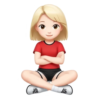 สร้างภาพตัวการ์ตูน "Cute 3D cartoon of a happy little girl with brown pigtails, sitting with her arms crossed, style manga/chibi"
"Adorable chibi girl with a smile face, sitting cross-legged, 3D render"
 wearing เสื้อสีแดง กางเกงขาสั้นสีดำ, ถุงเท้าสีขาว, รองเท้าสีขาว full body, illustration  sticker