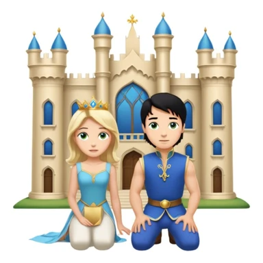 Man as prince, upright, black Hair, blue eyes, woman, blonde, green eyes, shott white sleveless Dress, kneeling, background palace sticker