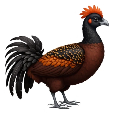A full-body image of a large, dark-colored bird resembling a curassow or guam, standing on a white background. The bird's body is predominantly a rich reddish-brown or chestnut color, with a pattern of fine white speckling or barring sticker