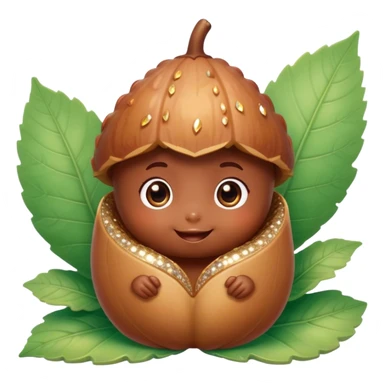 Cinematic tiny happy acorn, glossy brown, soft glowing highlights, tiny adorable face with big sparkly eyes, sitting on a pastel leaf, warm and cheerful. sticker