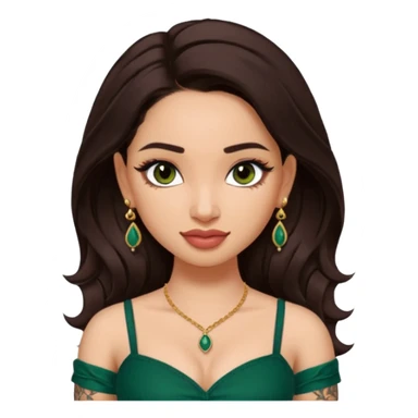 pretty bratz genmoji that looks like tamannah bhatia (bollywood actress), wearing a dark green sweetheart neckline top, dark brown hair, light makeup, no necklace, dangly earrings, side hair part, dark brown eyes, with tattoos sticker