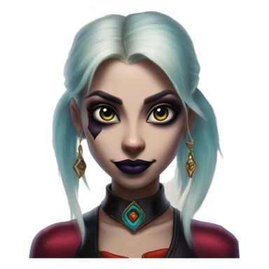 Night Elf Jasmine in Harley Quinn style, oil paint, mysterious eyes, intricate lips, masterpiece portrait, odd perspective, beautiful, desirable, logical sticker