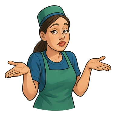 В позе этого мема сгенерируй типичную молодую российскую продавшицу в продуктовом магазине c слегка увеличенным губами, накрашенными глазами, которая недоуменно но при этом хитровато разводит руками, слегка рисованный, но при этом объемный стиль, прозрачный фон sticker