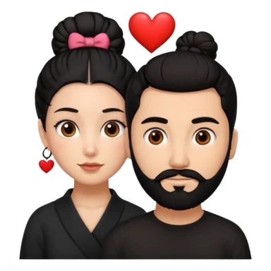Create a woman with Brown eyes and black hair tied up in a bun and make a man next to her with brown eyes black hair and black beard and make hearts around them sticker
