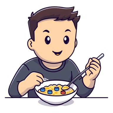 Elon Musk eating a bowl of cereal, tech entrepreneur with short dark hair enjoying breakfast sticker