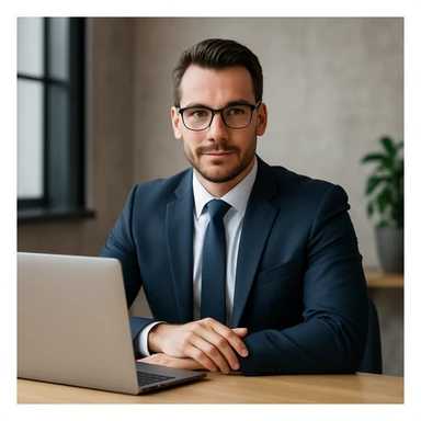A 35-year-old male business coach sitting at a table with a laptop, professional and confident sticker