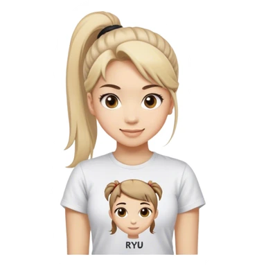 Beautiful girl smilling with big eyes, ponytail and "ryu" written on tshirt sticker