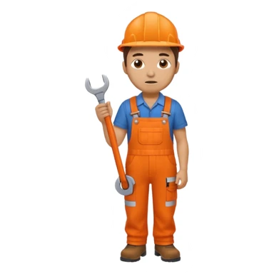 railway engineer, looking tired in orange overalls, boots, holding a spanner sticker