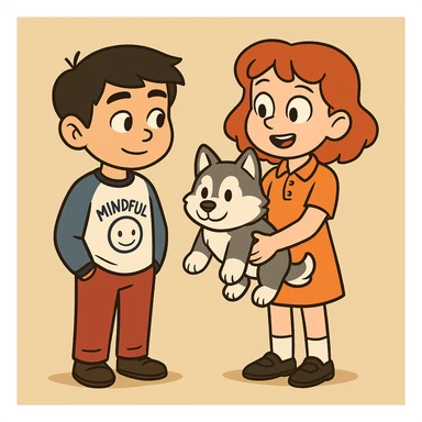 A boy Mindful Blue Original Long Sleeve T blue jeans brown shoe Chinese boy black hair Ringer T White Navy red trousers black shoe Siberian Girl red hair Orange Pro polo dress with socks black loafer a shoe Husky plushie  sticker