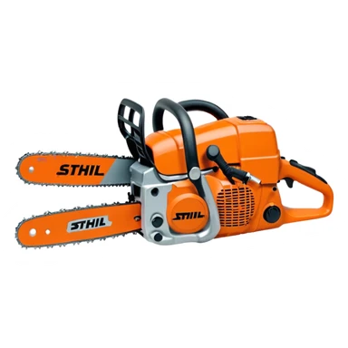 Kettensäge vom STIHL mit grauem Gehäuse, orangenem Deckel und schwarzen Griffen, die Schiene ist Grau mit Kette, seitlich ist das STIHL Logo in weißer Schrift in einem orangenem Kreis platziert sticker