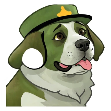 Brown & white Saint Bernard dog wearing a derby hat sticker