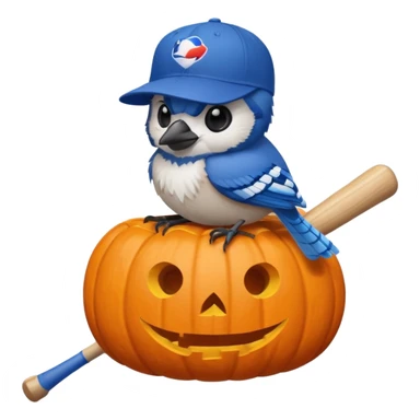 bluejay wearing MLB bluejay baseball hat perched on one blue baseball  bat sitting on a Halloween pumpkin  sticker