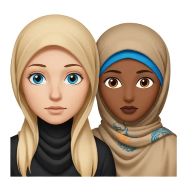 white girl with long blonde hair, blue eyes, tattoos, a septum nose piercing next to a dark skinned woman in a hijab with brown eyes sticker