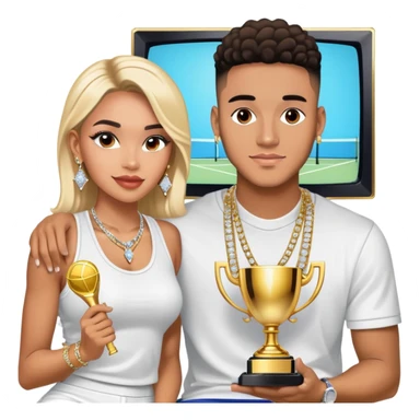 Breaking news Internet celebrity Josh King Madrid jetset wearing shiny diamond earrings and sparkly iced out diamond tennis necklace chains with Instagram model girl tefi valenzuela sitting with him holding gold internet celebrity trophy on tv show in Miami sticker