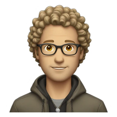 white man with curly hair, glasses, a jacket and a necklace sticker
