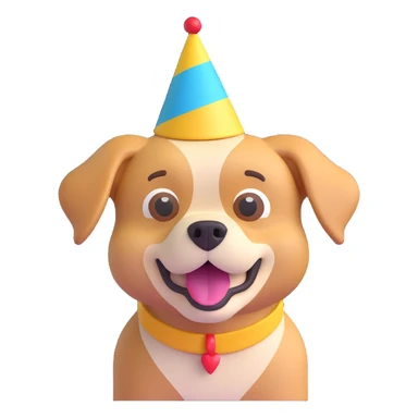 animated 3D emoji of a dog wearing a party hat sticker