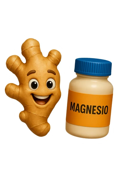 emoji stile iphone 3d di un pezzetto di zenzero e una boccetta di magnesio con la scritta "MAGNESIO" SULL'ETICHETTA CHE FLUTTUANO IN ARIA, iperrealistico 4k sticker