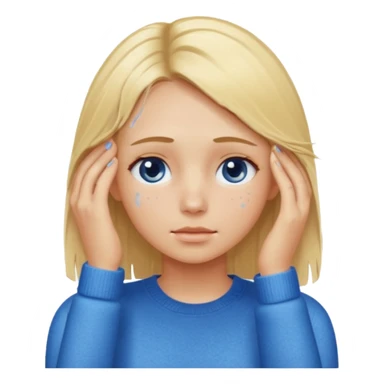 Girl massaging her head with blonde wet hair with anti-dark circles patches in her eyes dressed in a blue sweater sticker